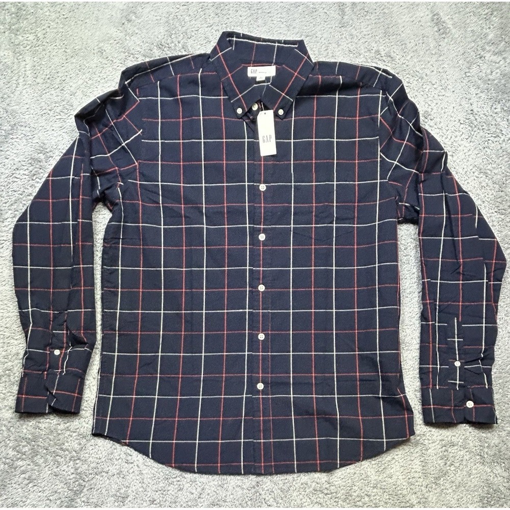 Gap Shirt Men's L Navy Check Untucked Fit 100% Cotton Button Down Casual NEW